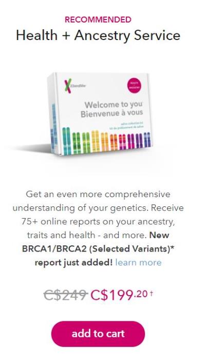 Ancestry Service + Health test kit, which also provides health information based on DNA, regularly $249 CAD, is now just $199.20 CAD!